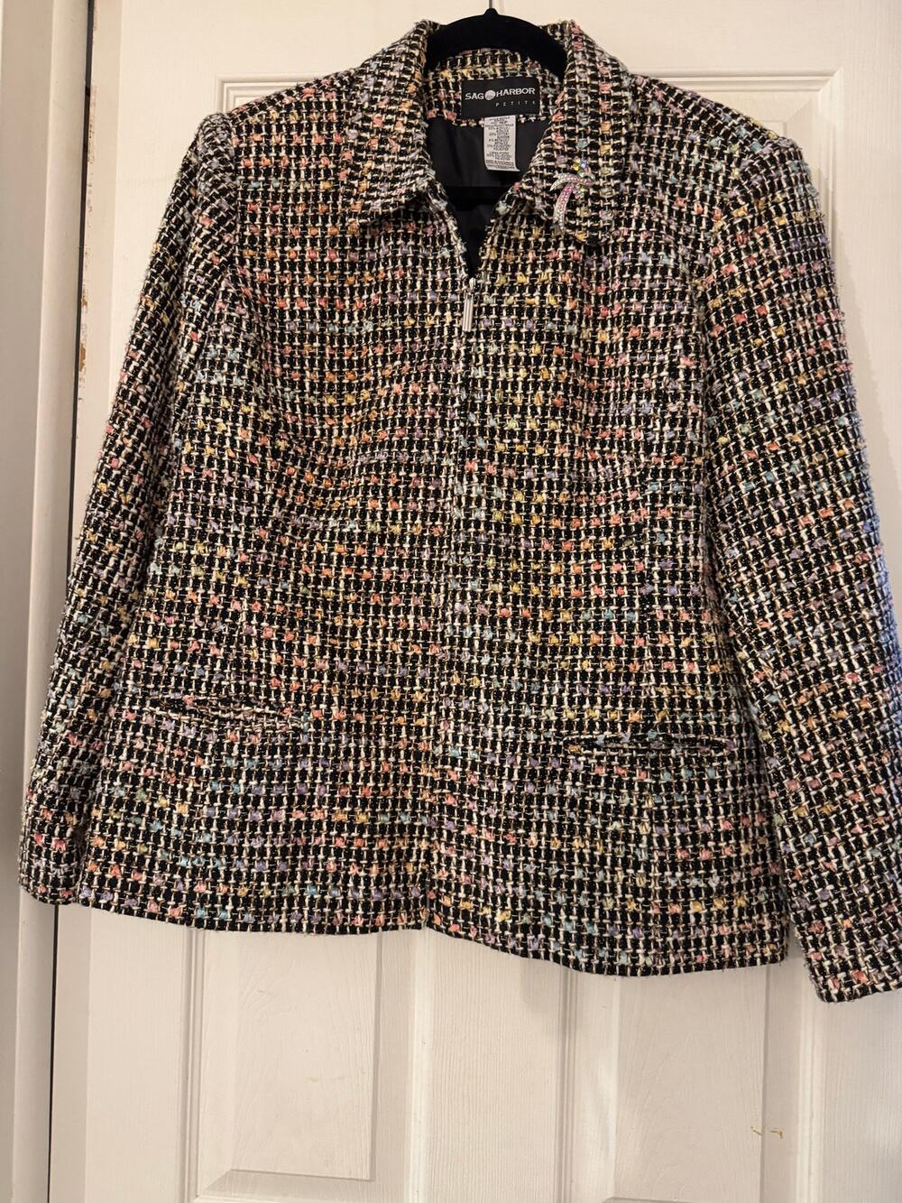 Sag Harbor Petite Tweed Bouclé Jacket Blazer Metallic Multicolor Brooch 16P